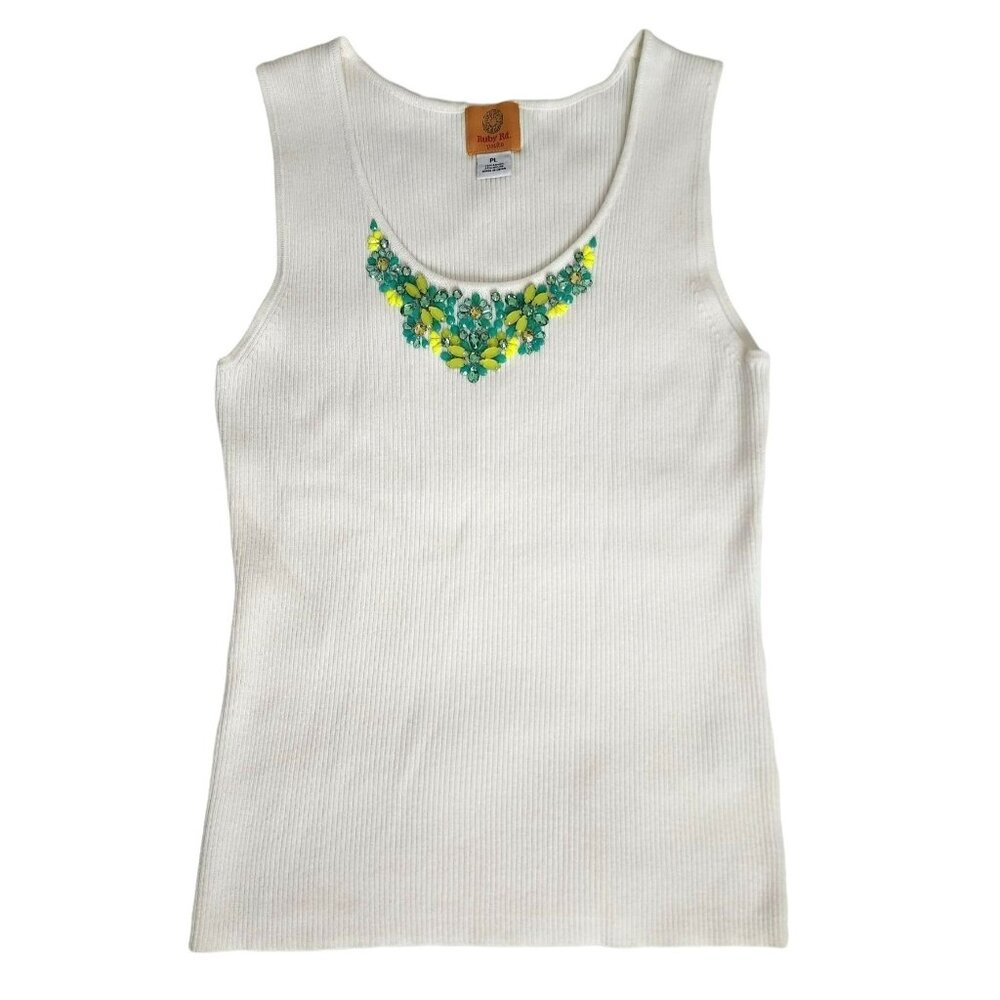 Rudy Rd. Green Yellow Crystal Embellished Knit Tank White Women's Petite Size PL - Picture 2 of 9